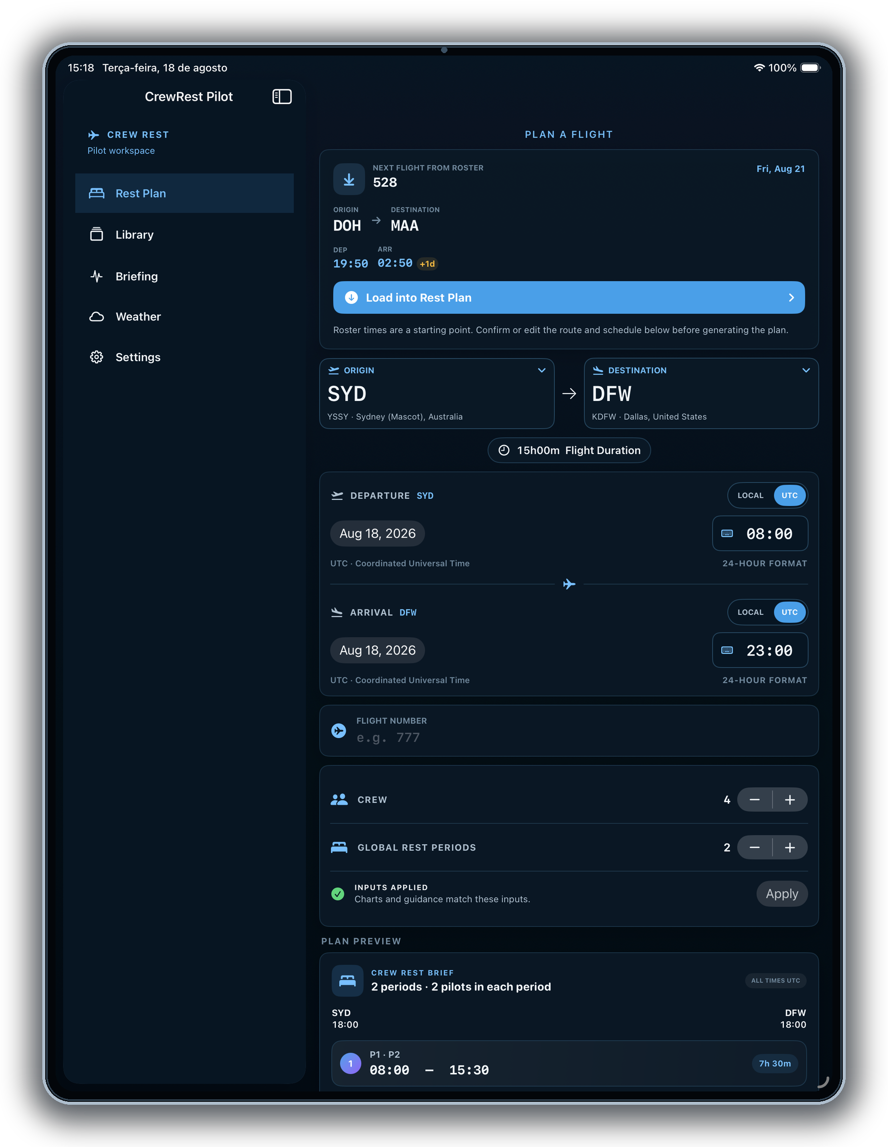 CrewRest Pilot iPad workspace showing the Sydney to Dallas rest plan