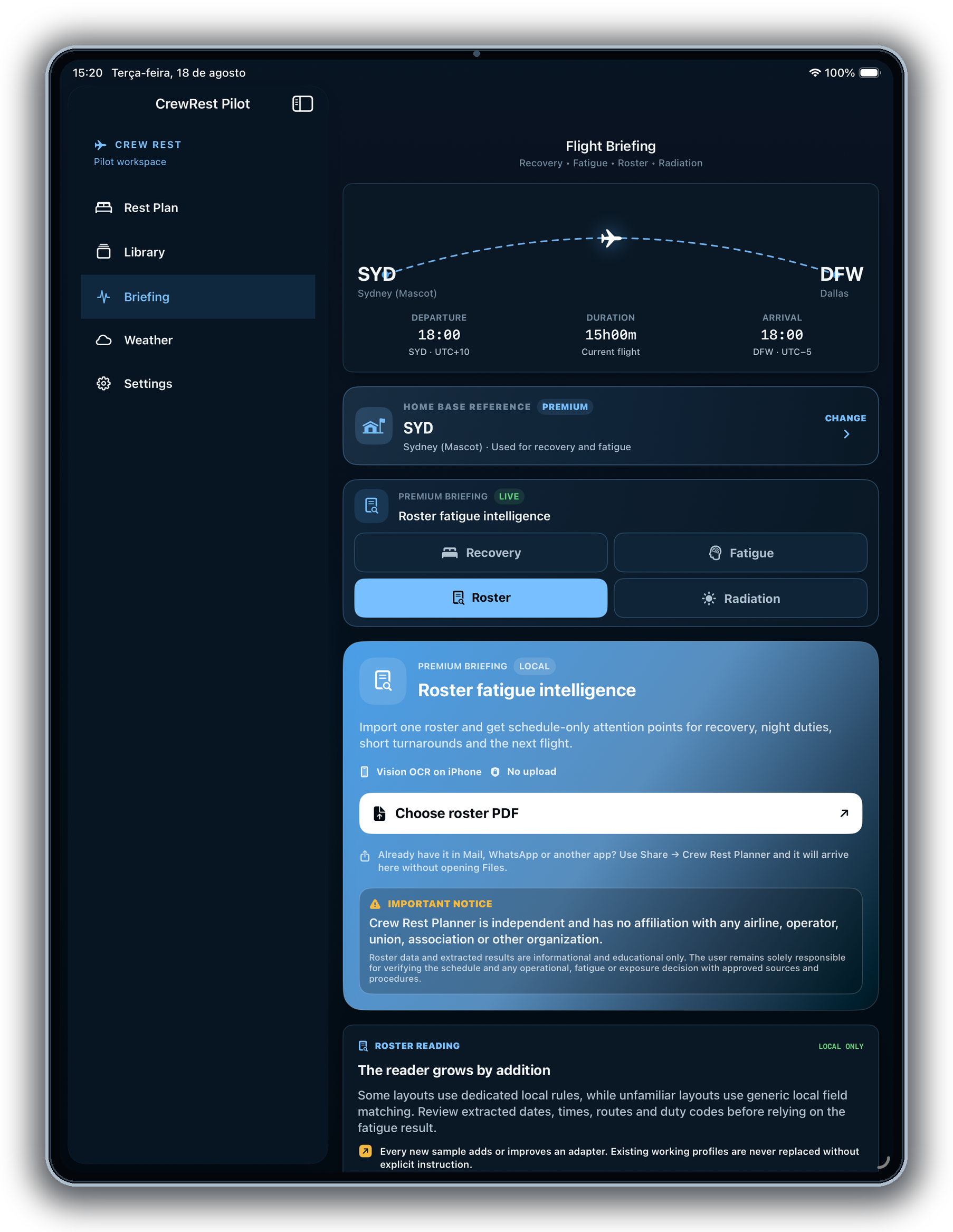 iPad roster fatigue intelligence with attention points for the next flight
