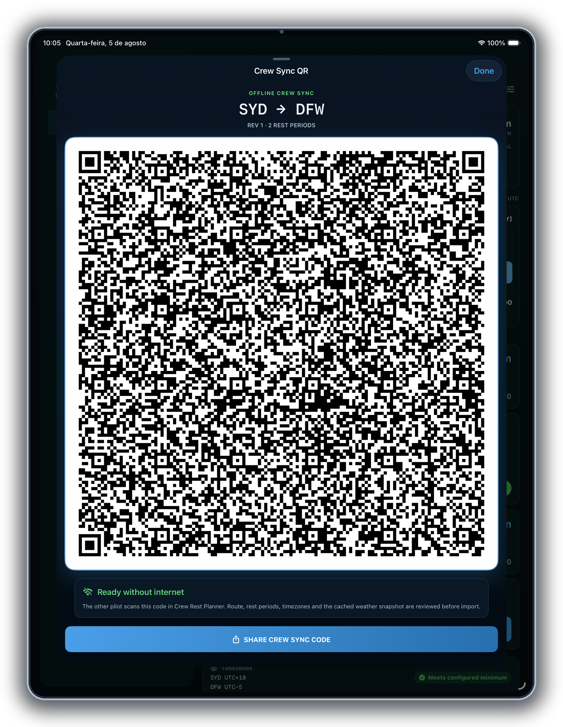 iPad Crew Sync QR screen for sharing a crew rest plan
