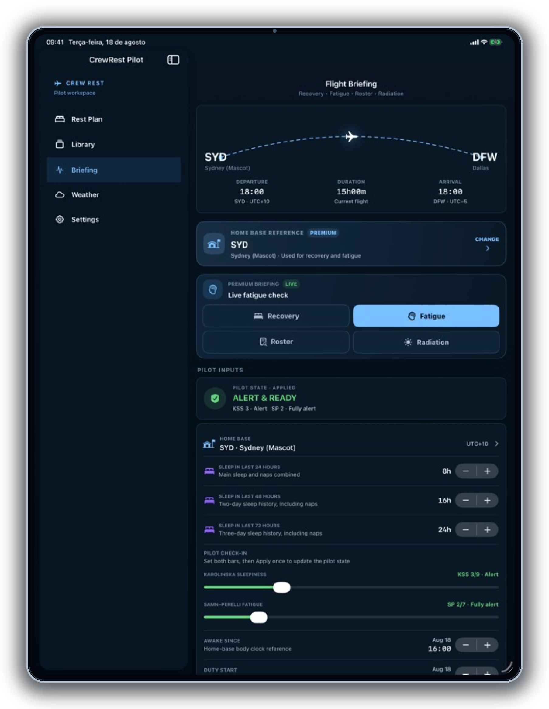 Current framed iPad Flight Briefing Fatigue screen