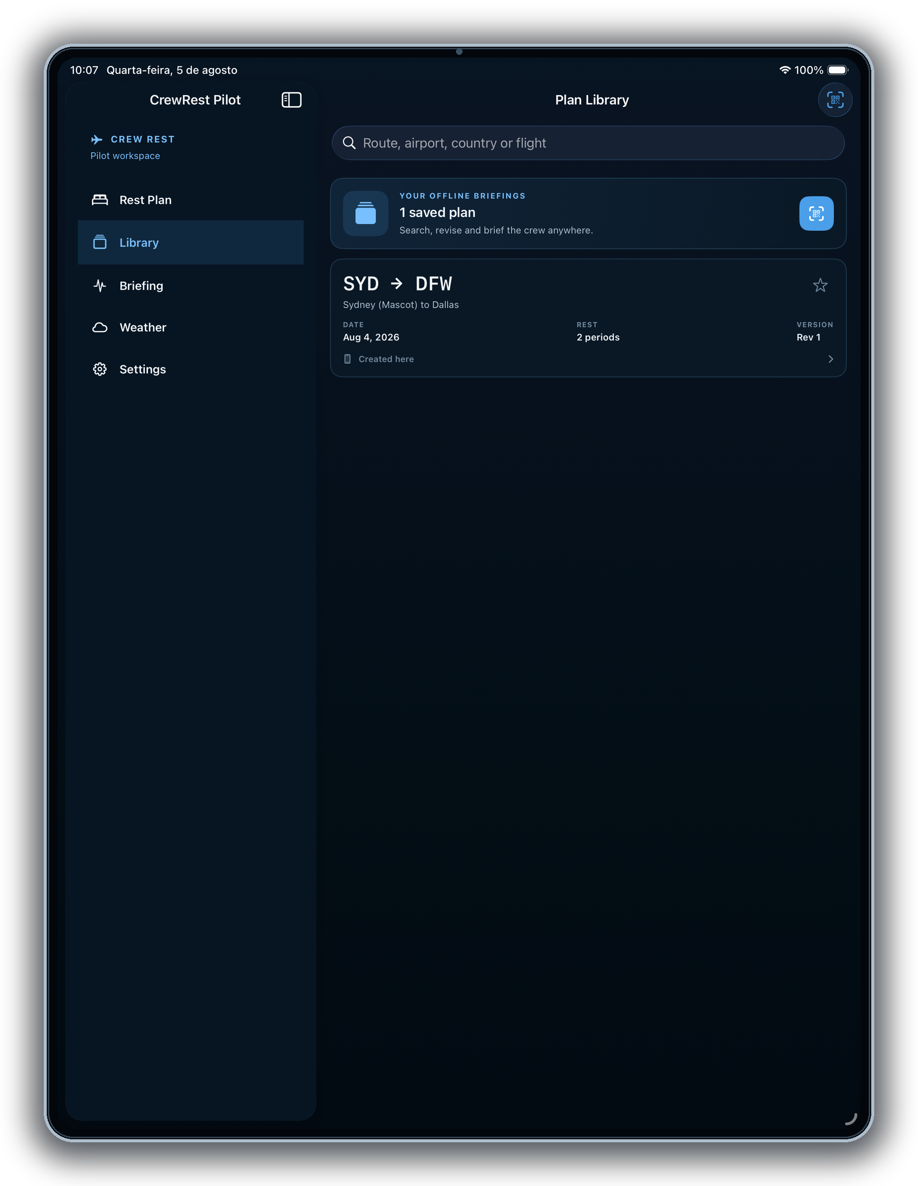 iPad plan library containing a saved Sydney to Dallas briefing