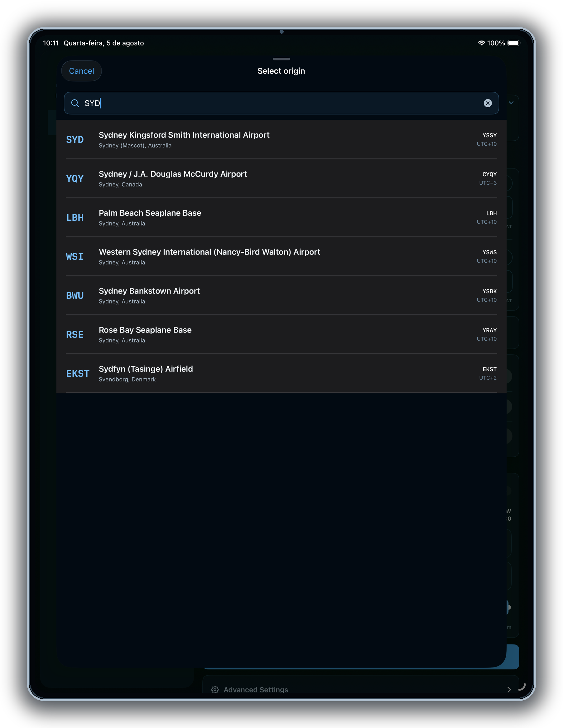 iPad airport search results for Sydney