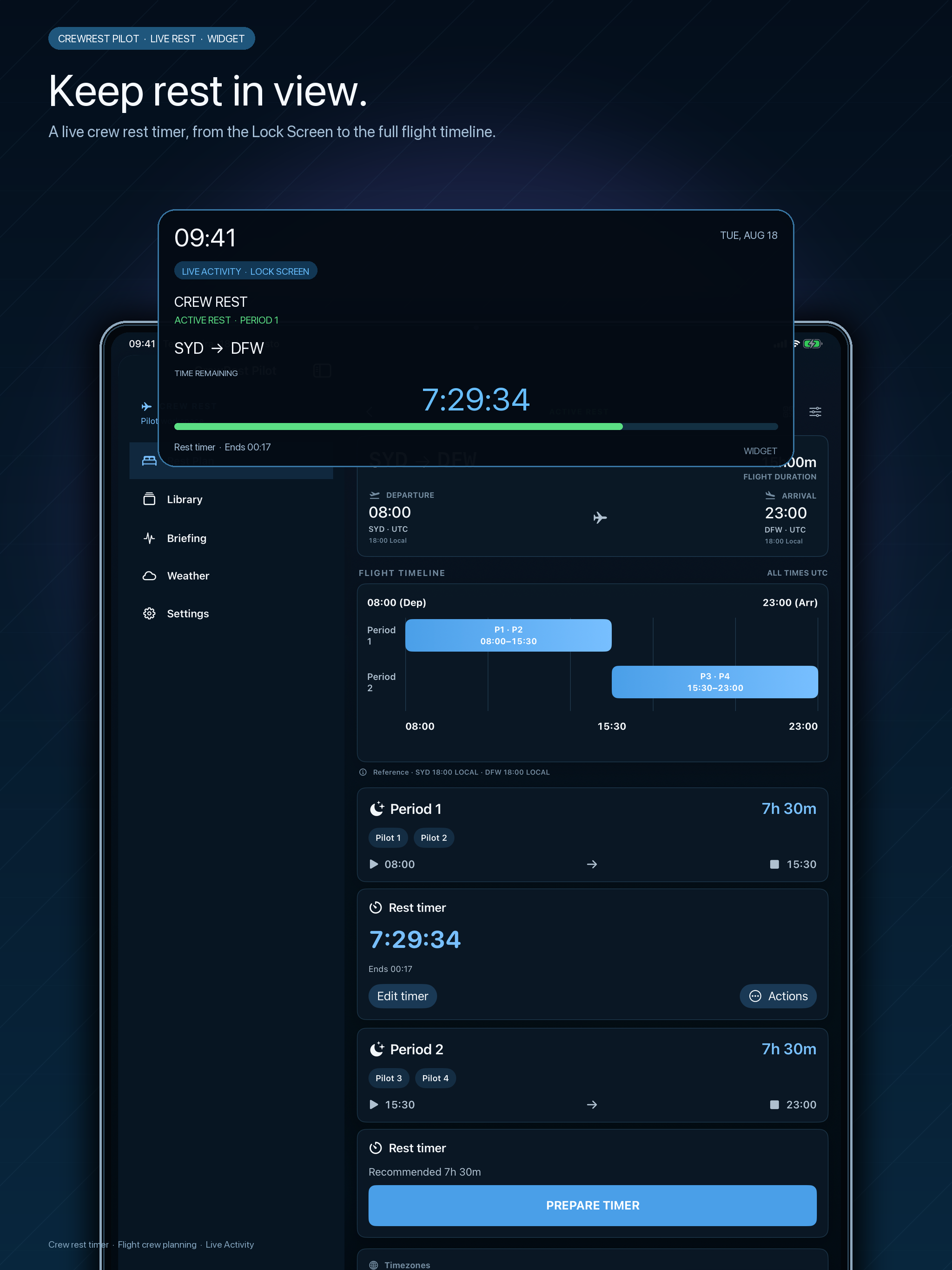 iPad Lock Screen widget showing an active crew rest timer and progress