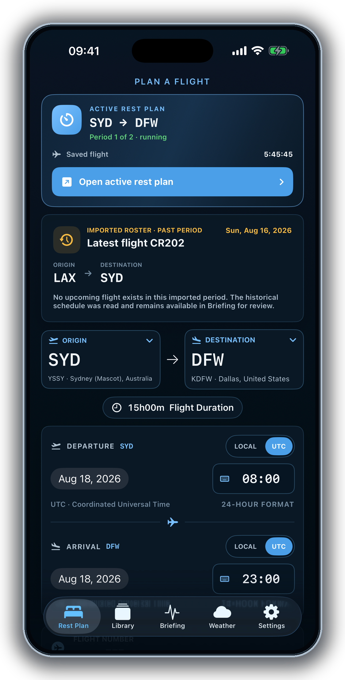 CrewRest Pilot flight planning screen showing a Sydney to Dallas route