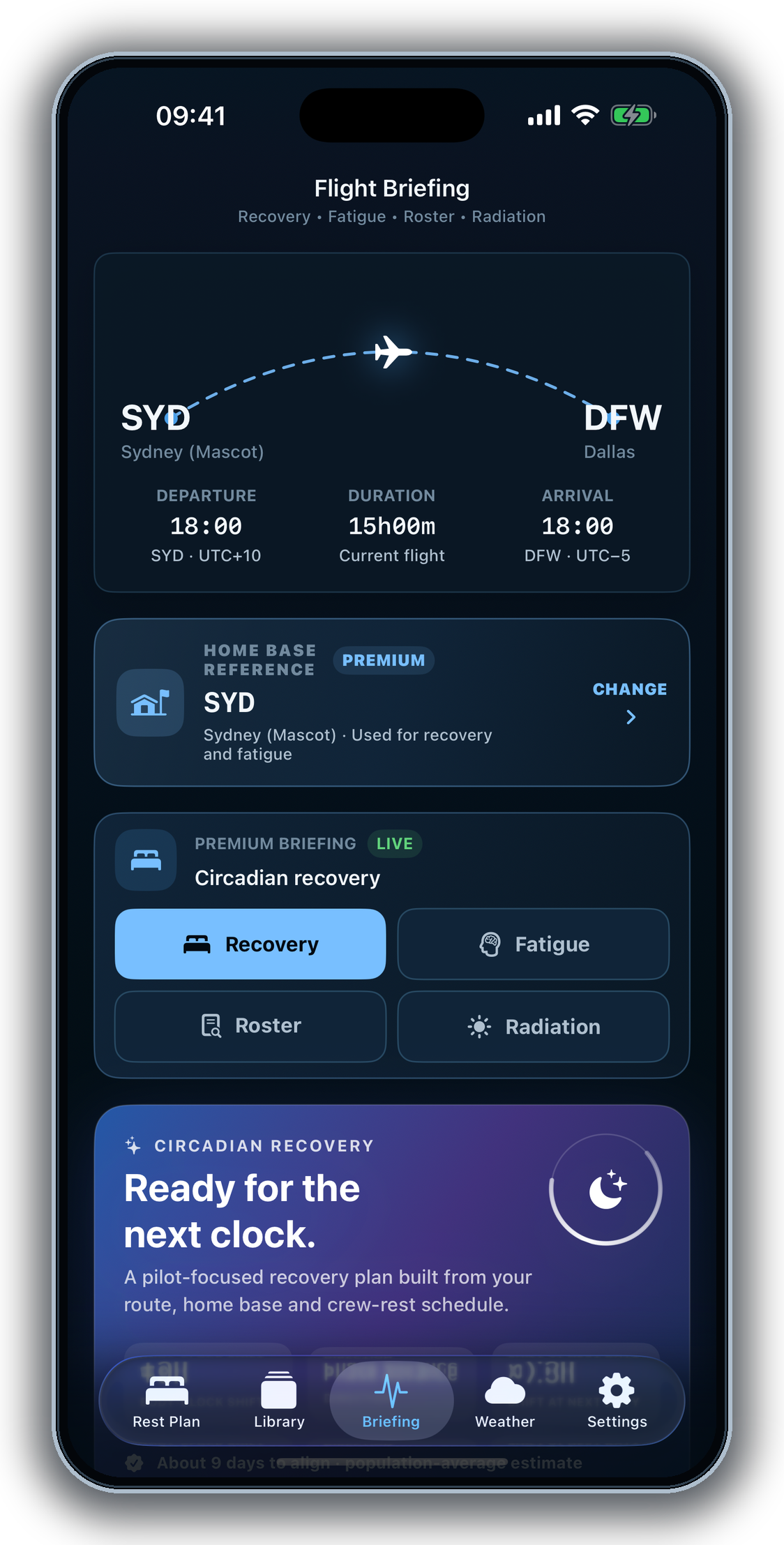 iPhone Flight Briefing with Recovery, Fatigue, Roster, and Radiation views