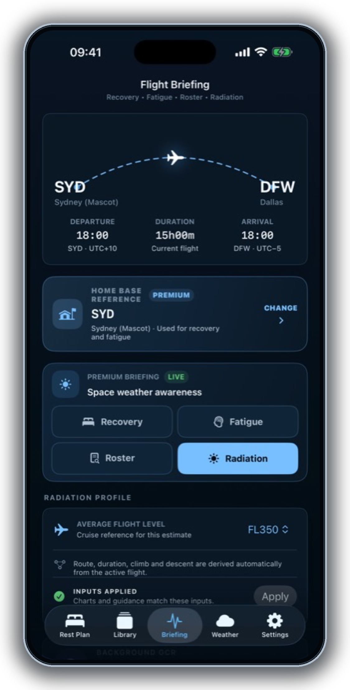 Current framed iPhone Flight Briefing Radiation screen with a user-set profile