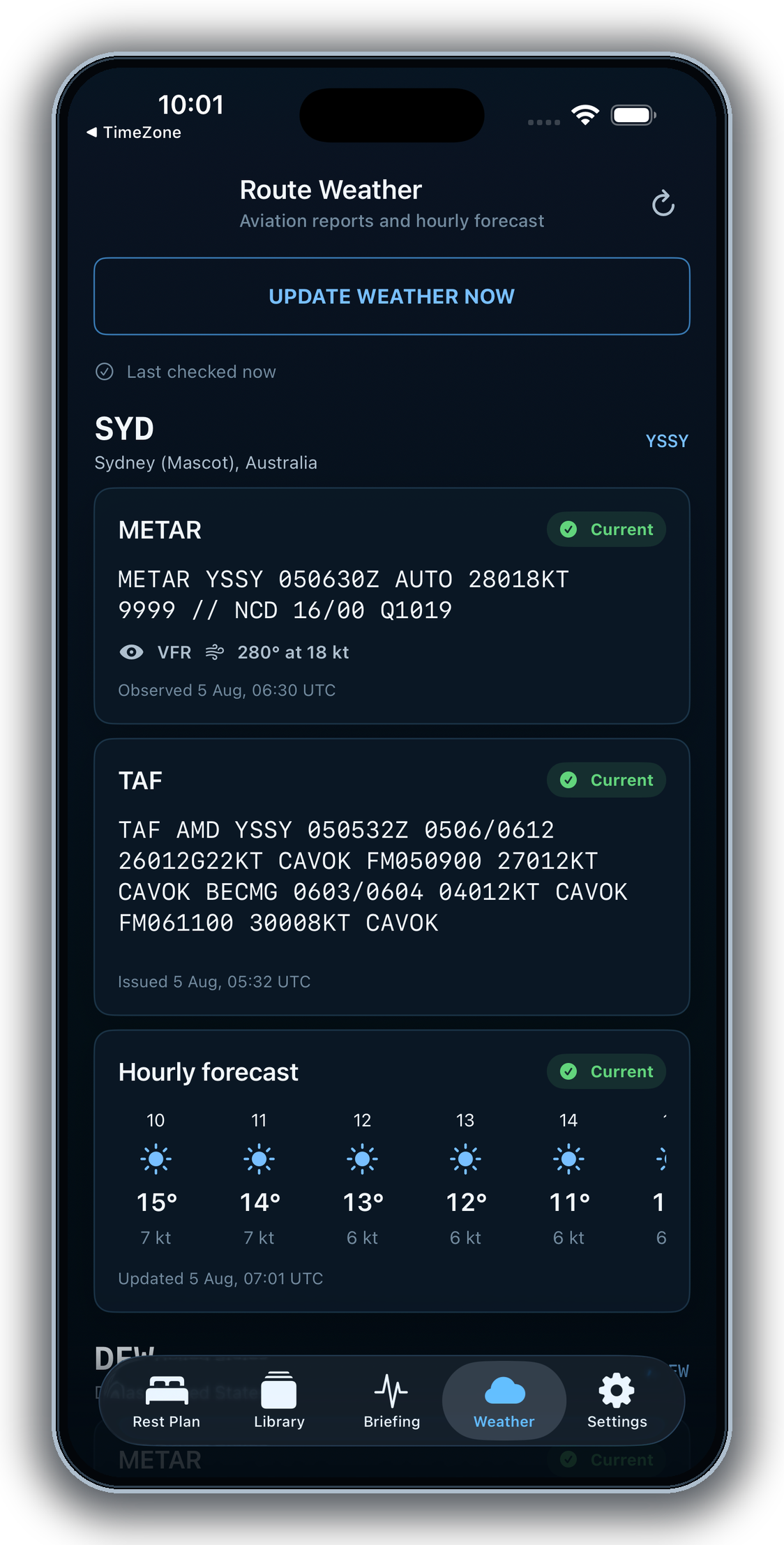 iPhone route weather screen with METAR, TAF, and hourly forecast