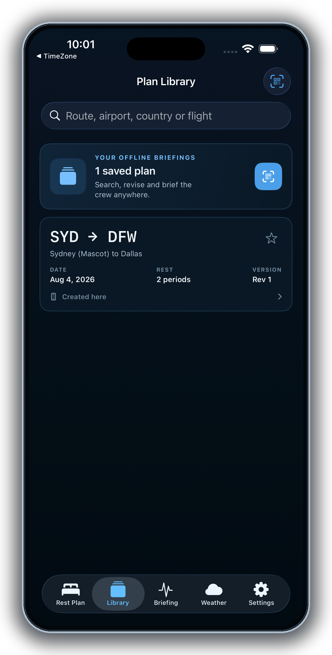 iPhone plan library with a saved Sydney to Dallas briefing