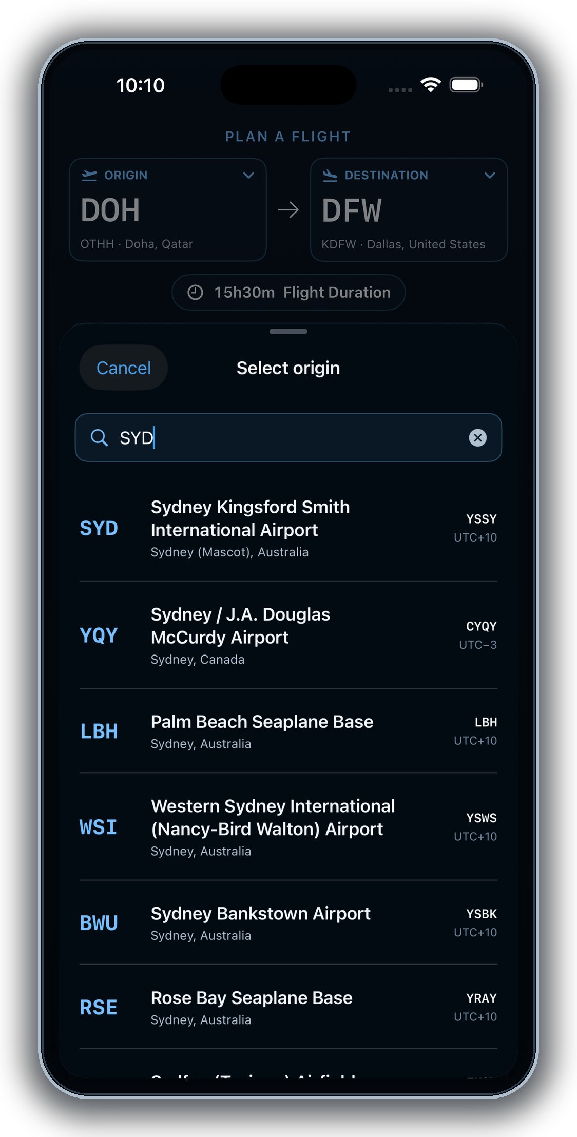 iPhone airport search results for Sydney