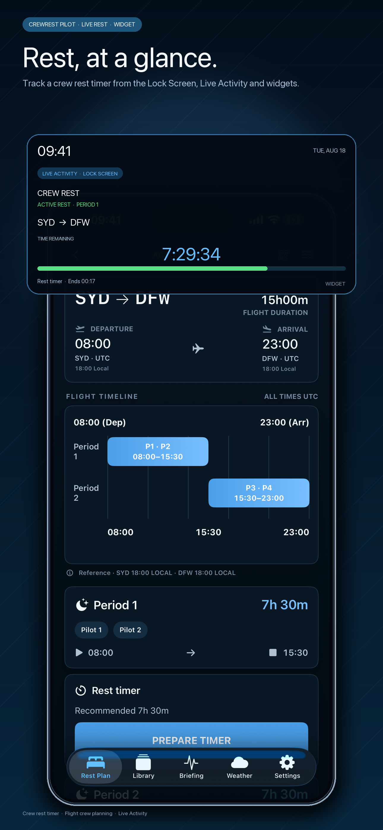 iPhone Lock Screen widget showing an active crew rest timer and progress
