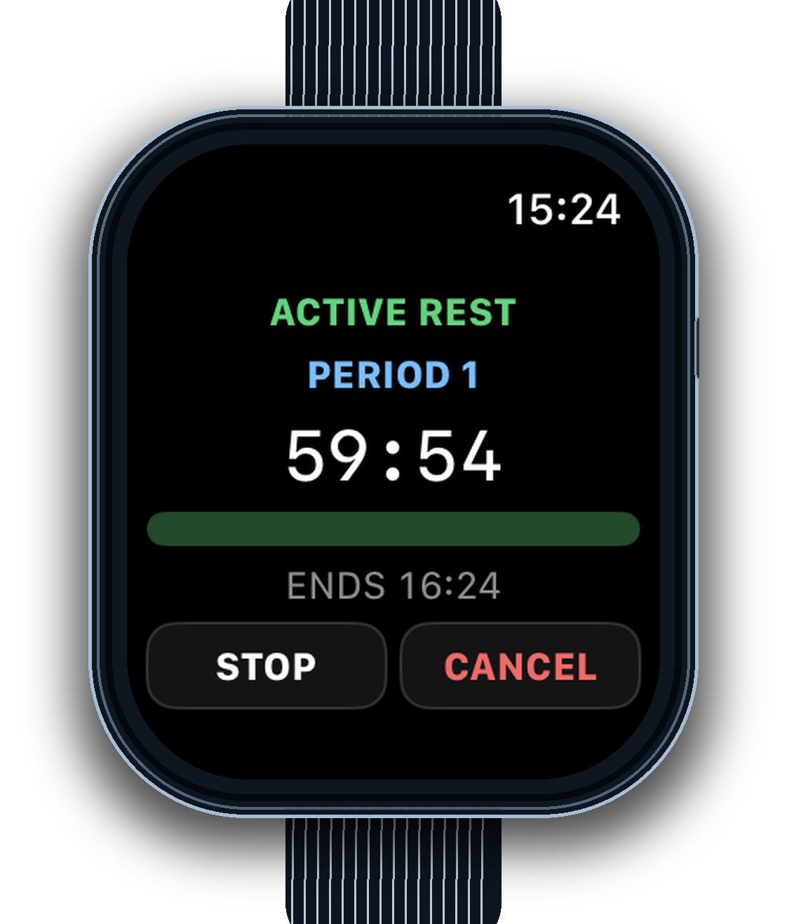 Apple Watch Series 11 active rest timer with Stop and Cancel controls